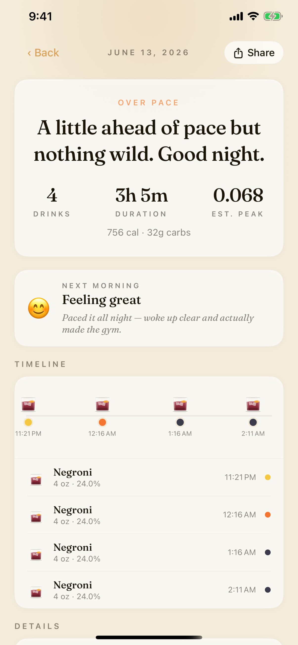 Pound's morning-after night recap — estimated peak BAC, drink count and duration, a pace-colored timeline of the night, and a 'Feeling great' note to next-time you.