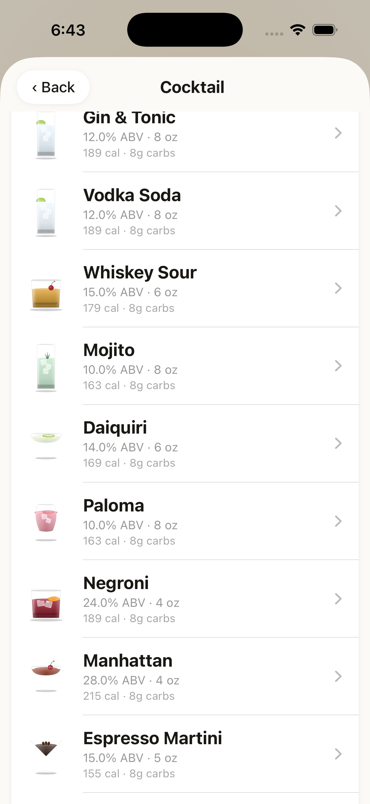 Pound's cocktail picker — Gin & Tonic, Vodka Soda, Whiskey Sour, Mojito, Daiquiri, Paloma, Negroni, Manhattan, Espresso Martini, each with ABV, ounces, calories and carbs.